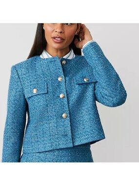 Ann Taylor Bright Blue Tweed Cropped Button Jacket
